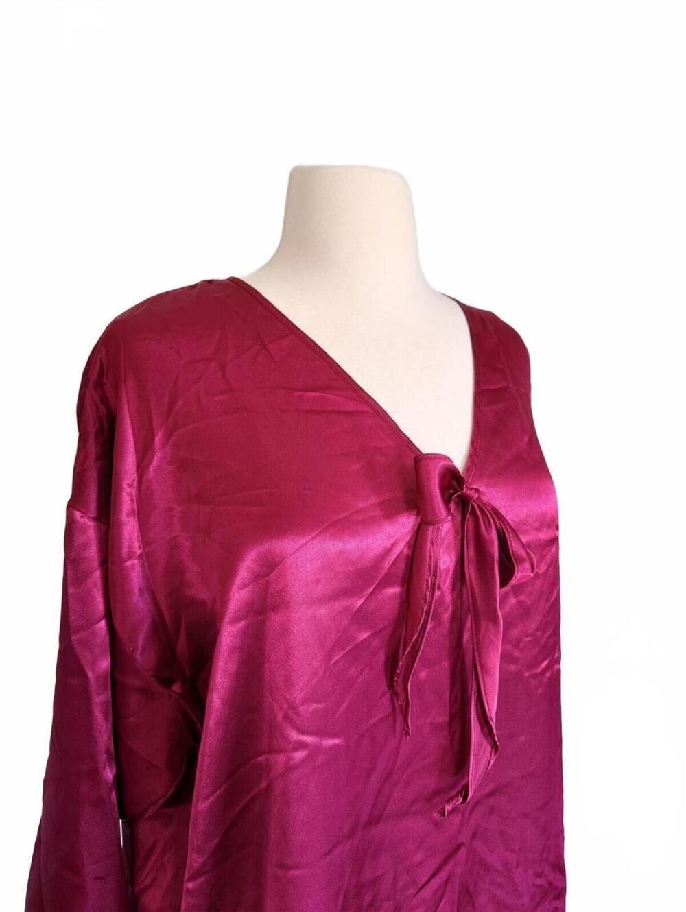 Luxury Vintage Satin Night Gown Burgundy Long Sleeve with Bow